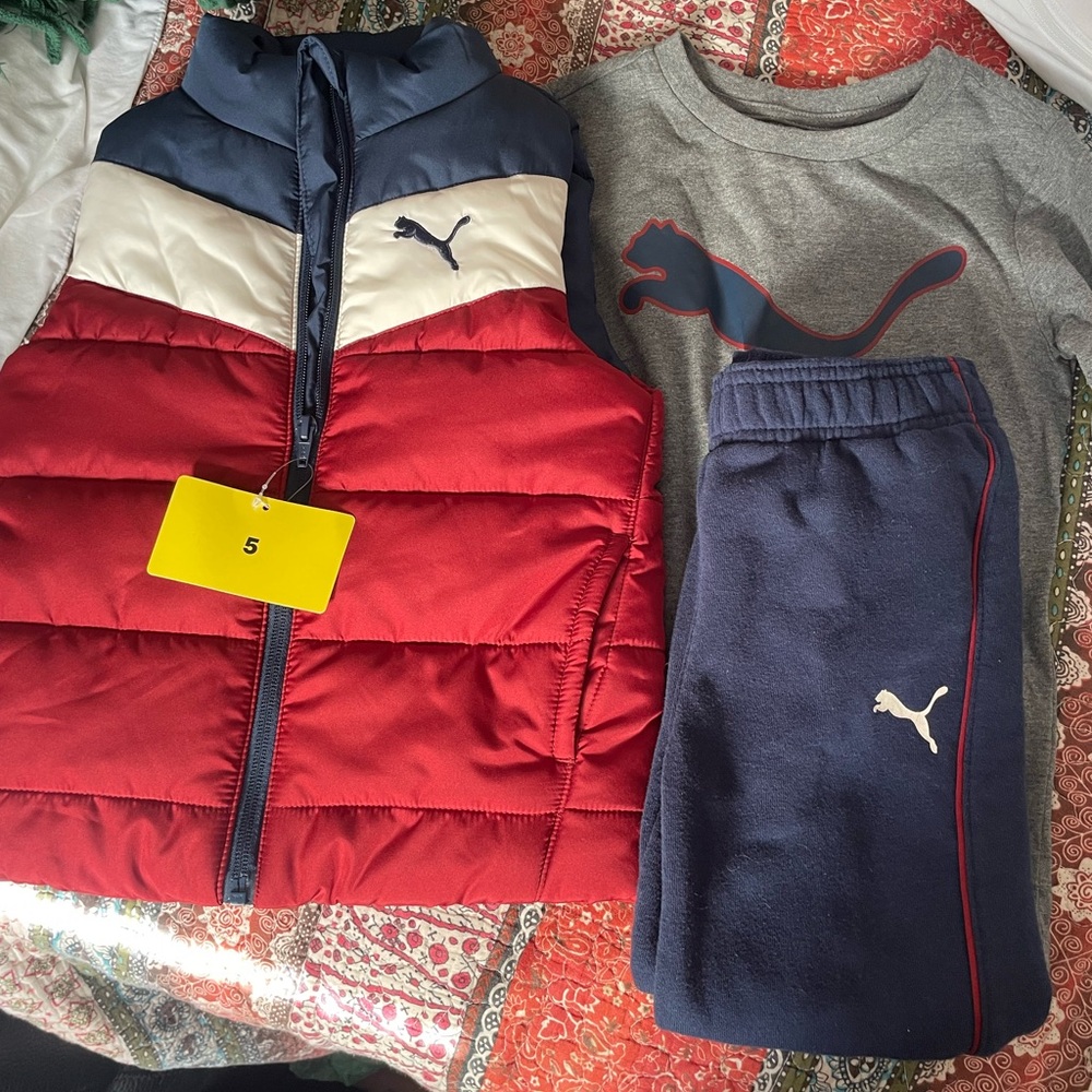 Puma Navy and Red Kids Puffer Vest with Logo Tag